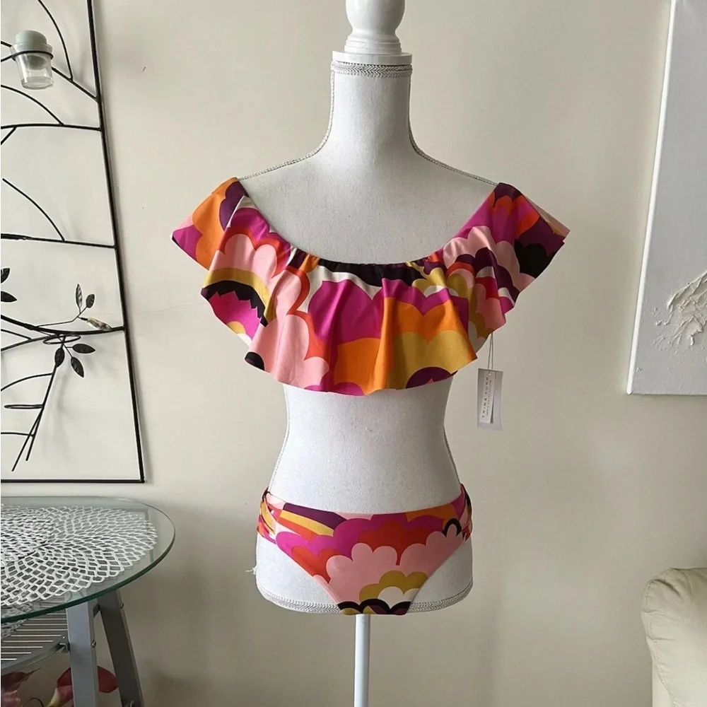 Trina Turk Fan Faire Colorful Ruffle Bandeau Bikini Set Size 8 NWT